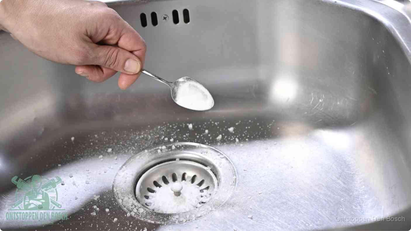 Een hand strooit met een lepel soda in de afvoer van een roestvrijstalen spoelbak, de soda en azijn huismiddel-methode om de afvoer te ontstoppen in Den Bosch