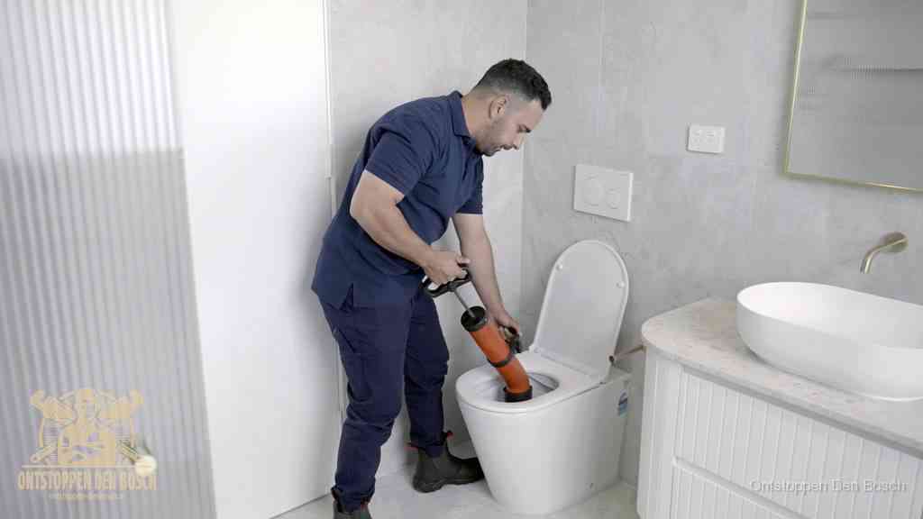 Een monteur buigt over een wandcloset en duwt met de hand een persluchtontstopper in de toiletpot om de verstopping handmatig los te maken in Den Bosch