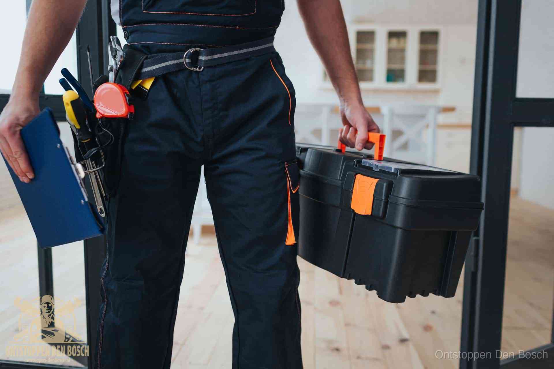Een monteur met gereedschapsriem en klembord, klaar om een transparante prijs voor het wc ontstoppen in Den Bosch te geven