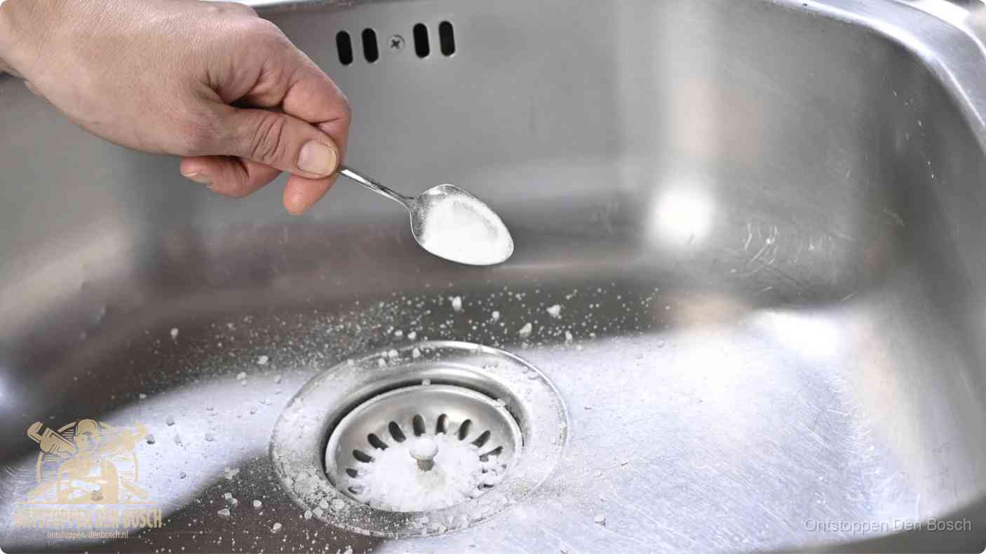 Een hand strooit met een lepel soda in een afvoerputje, de soda en azijn huismiddel-methode om de wc te ontstoppen in Den Bosch