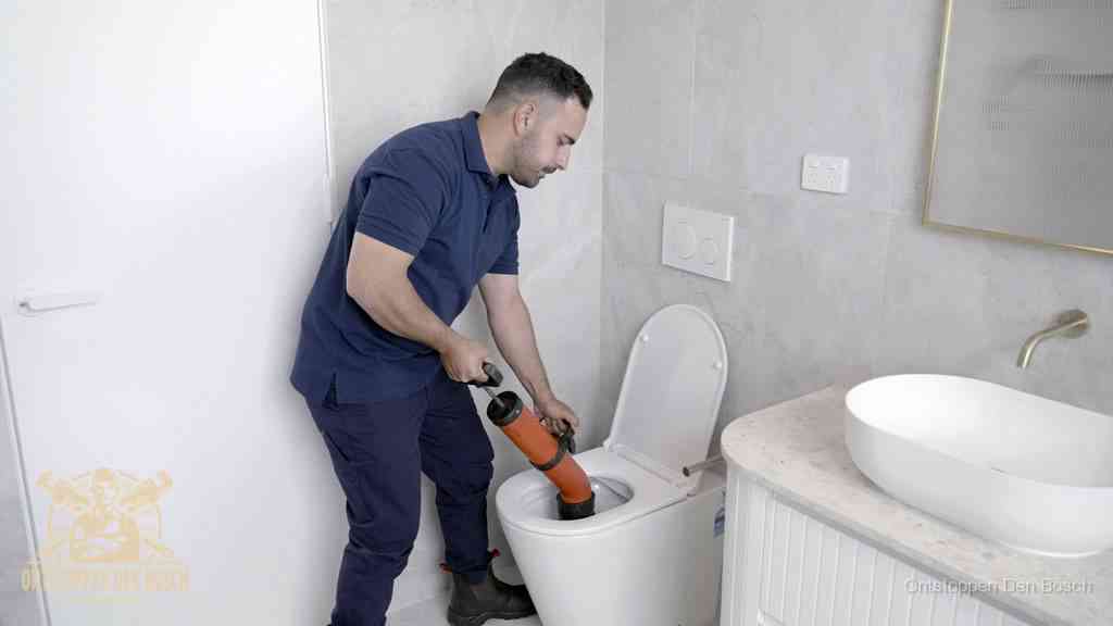 Een monteur gebruikt een handmatige perspomp (toiletontstopper) op een wandcloset tijdens het professioneel wc ontstoppen in Den Bosch